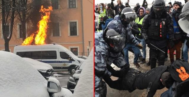 Rusya'daki protestocular Polis arabasını ateşe verdiler