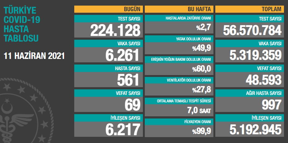 11 Haziran Türkiye koronavirüs tablosu