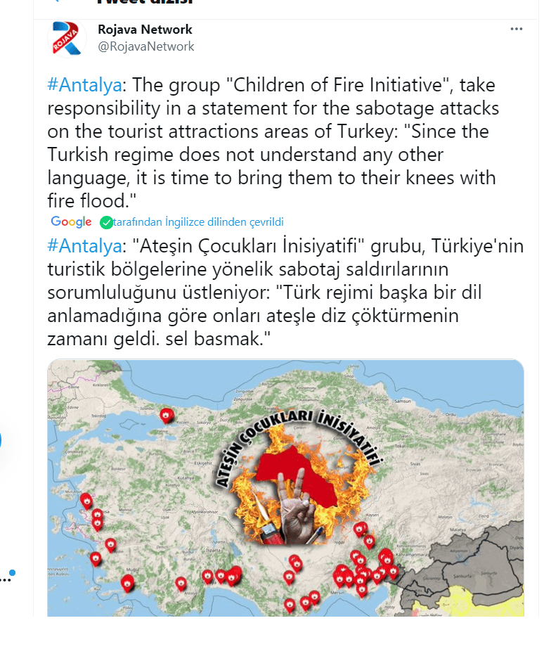 Yangınları terör örgütü PKK üstlendi