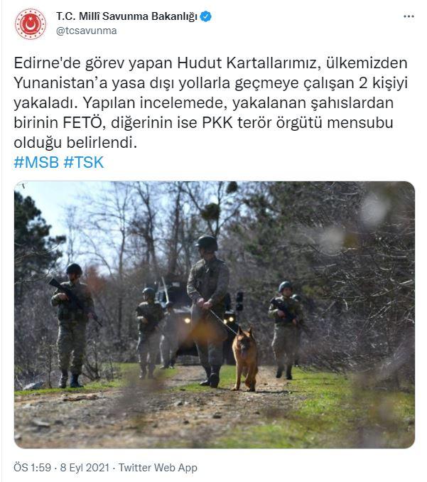 MSB: Yunanistan'a kaçmaya çalışan 2 terörist sınırda yakalandı!