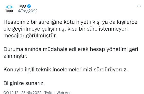 Togg'un Twitter hesabı hacklendi!