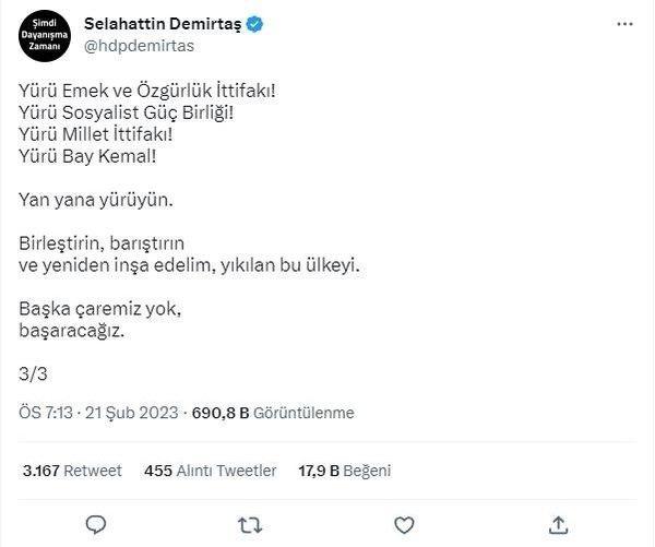 Demirtaş'tan açık destek: Yürü Bay Kemal!