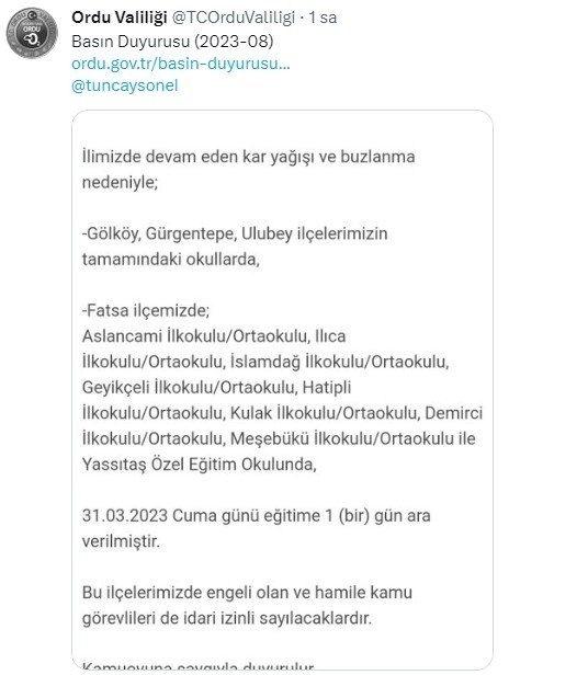 Ordu'da eğitime kar engeli