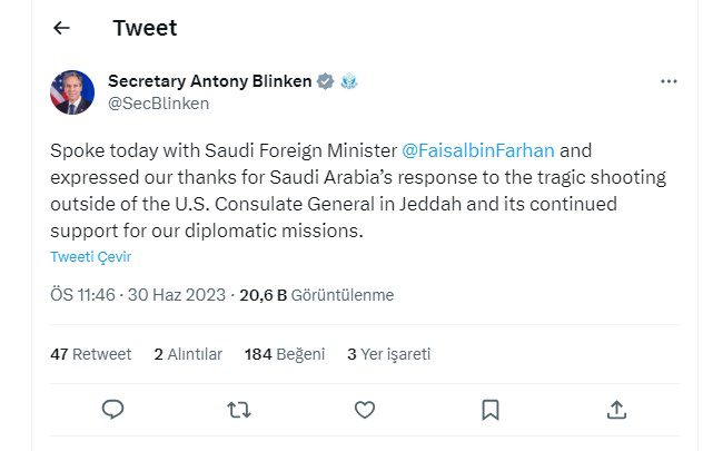 Blinken, Suudi Arabistan'a teşekkür etti