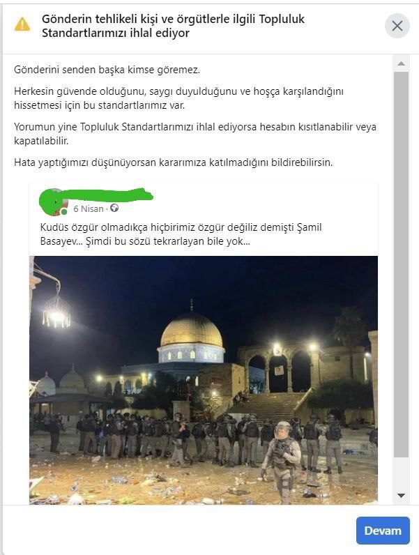 Facebook'tan Mescidi Aksa paylaşımına ceza, işkenceci Siyonist'e serbesti!