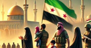 DALL·E 2025 01 04 13.56.20 A symbolic and hopeful scene depicting a group of veiled women and bearded soldiers holding the Syrian revolutionary flag (green, white, black stripes